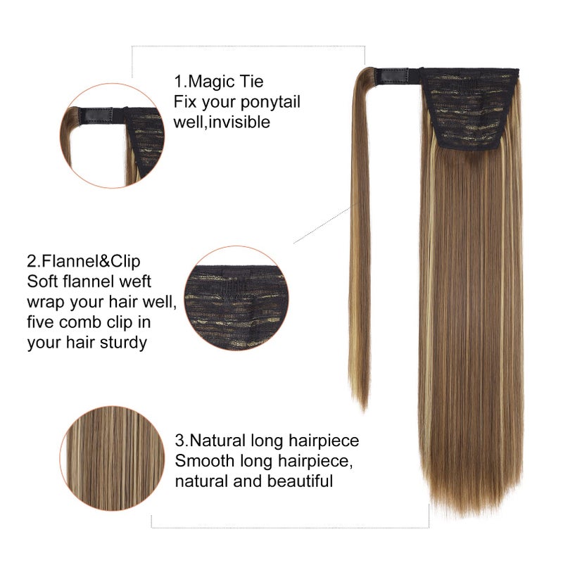 SEIKEA Clip in Ponytail Extension Wrap Around Long Straight Ponytail Natural Soft Synthetic Hairpiece for Women 28 Inch- Brown Ash Blonde Mix - Image 4